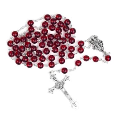 Imagem de TrueFaithJewelry Colar de contas de oração de rosário de cristal vermelho Medalha milagrosa Nossa Senhora da Graça com cruz de crucifixo de Jesus, 43 cm