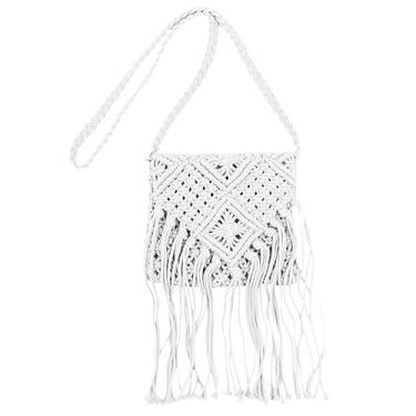 Imagem de RARITYUS Bolsa tiracolo feminina de algodão, crochê, borla, feita à mão, boêmia, bolsa de ombro para verão e praia, Branco, One Size, Boêmio