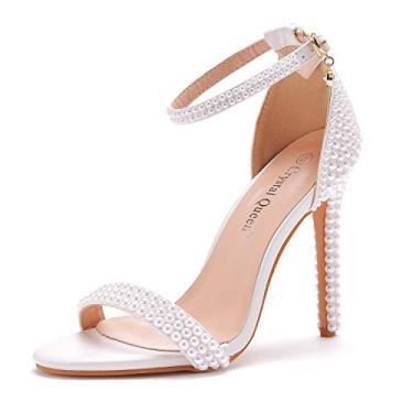 Imagem de Crystal Queen Sandálias de salto alto com pérolas íntimas, salto stiletto, peep toe, salto alto, sapatos de salto alto para noivas, festas de casamento à noite, Branco, 9