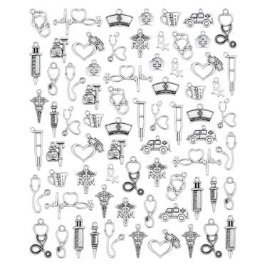 Imagem de JIALEEY 72 pingentes para enfermeiras médicas, estetoscópio, seringa, chapéu para enfermeiras, pingentes de graduação, faça-você-mesmo, para colares, pulseiras, joias, artesanato