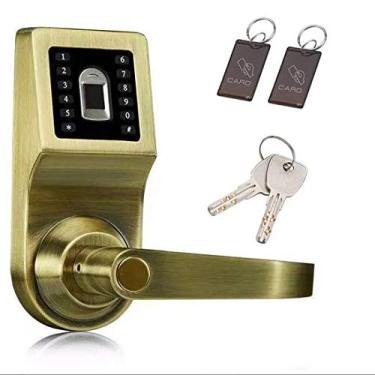 Imagem de Fechadura de porta inteligente, fechadura digital LUOOV, destrave com controle remoto, cartão M1, código e chave, direção da alça reversível (impressão digital dourada)