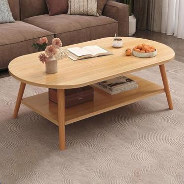 Imagem de Mesa de centro oval moderna com prateleira de armazenamento, mesa de destaque retangular, mesa de centro de madeira de 2 andares, para apartamentos pequenos, mesa de centro moderna