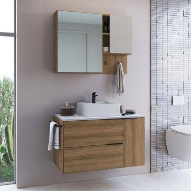 Imagem de Conjunto para Banheiro Gabinete Suspenso 80cm com Toalheiro Cuba e Espelheira Cj8020.10 Mel/Branco/Arenas