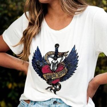 Imagem de Camiseta T Shirt Sagitta Gola V Feminina Premium - Pedraria-Feminino