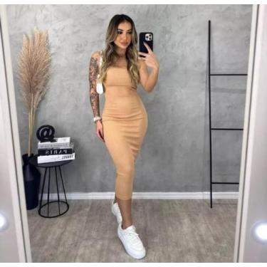 Imagem de Vestido midi canelado sem alça - La Lunna, Nude, P 36