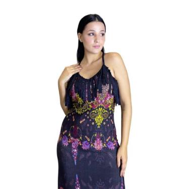Imagem de Vestido Longo Estampado Com Franja-Os Vaqueiros , GG, Preto