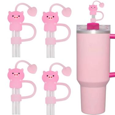 Imagem de Amreich Topos de palha de porco para copo Stanley rosa - 4 peças de tampas de cobertura de palha de silicone 3D com design de porco e coração, acessórios fofos Stanley Tumbler, presente de Natal para