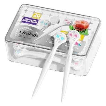 Imagem de 20 peças de mini escovas de língua descartáveis com contas de pasta de limpeza e palito, limpadores de língua, reduzem o mau hálito, sabor de mistura de raspador de língua (pacote com 1)