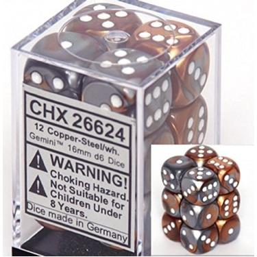 Imagem de Gemini 16mm d6 Copper-Steel w/white Dice Block 12 pipped dice
