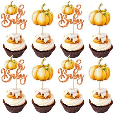 Imagem de Ephlyn 24 peças de enfeite de cupcake de abóbora para meninas, decorações de chá de bebê, decorações de aniversário de abóbora, palitos de cupcake, abóbora revelar gênero, topos de cupcake laranja
