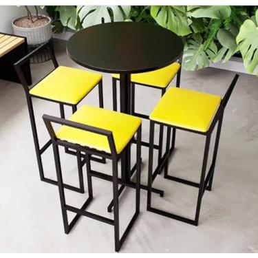 Imagem de Conjunto Mesa Alta Bar Bistrô Redonda Preta 4 Banquetas Confort Estofado Industrial Black (AMARELO)