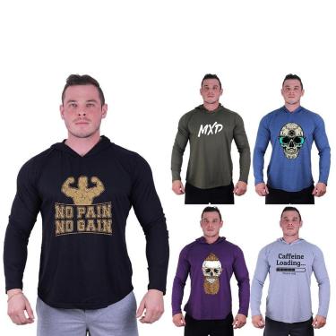 Imagem de Kit 5 Camisetas Manga Longa com Touca Longline Estampada Treino Academia Lazer Casual-Masculino