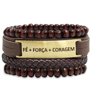 Imagem de Kit 04 FÉ FORÇA CORAGEM Marrom Strap Plug Esferas Madeira Ajustáveis T