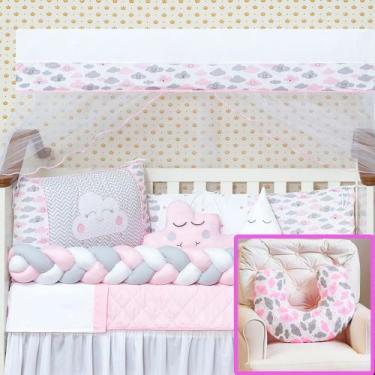 Imagem de Kit Mini Berço Trançado Nuvem Rosa Chuva de Amor + Almofada Amamentaçã