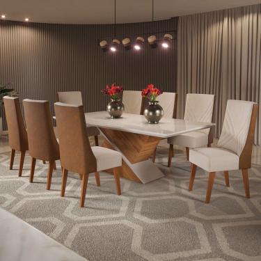 Imagem de Mesa de Jantar 8 Lugares Luxury com Vidro Marrom/Off White/Bronze - Viero Móveis