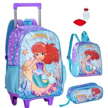 Imagem de Kit Mochila Escolar Sereia Encanto Rodinha Tam G Infantil