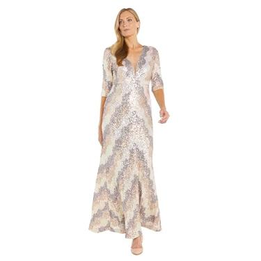 Imagem de R&M Richards Vestido longo elegante de lantejoulas com contas elásticas com mangas 3/4 e decote profundo, Champanhe/Multi, 46