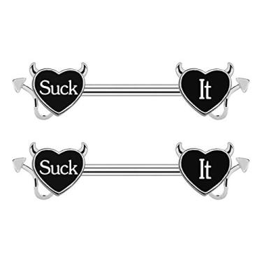 Imagem de CHARM ONLINE Cum Here Anel de mamilo 14G 316L aço cirúrgico barra de mamilo forma coração diabo piercing corporal joia para mulheres homens.., Sem pedras preciosas