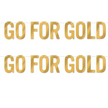 Imagem de GO FOR GOLD Streamers de 2 peças, flâmulas de folha de ouro para jogos olímpicos, decoração de cenário de flâmula suspensa para festas esportivas internas e externas