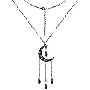 Imagem de TAMAWire BBlack Colar de lua gótica elegante, colar de lua e sol em camadas para mulheres, colar de ônix com contas de lua crescente negra, joia gótica perfeita para presente para mulheres, Medium,