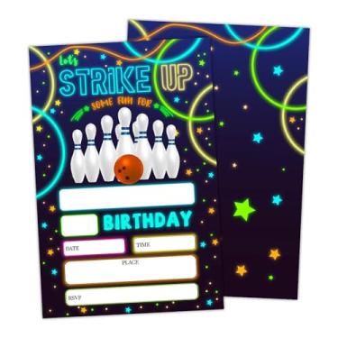 Imagem de rizotus Convites de aniversário de boliche para meninos e meninas, cartões de convite de festa de aniversário neon brilho para crianças, Let's Strike Up Party Celebration, conjunto de 20 cartões com