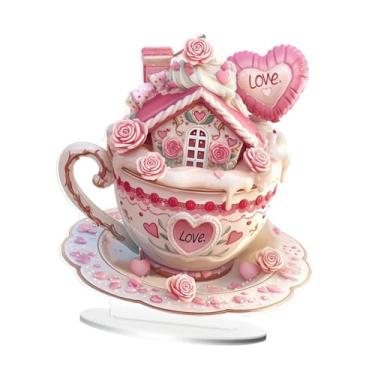 Imagem de IEUDNS Placa decorativa de acrílico, arte para presente de dia dos namorados, caneca de café rosa, enfeite de mesa para prateleira, sala de estar, decoração, Style a