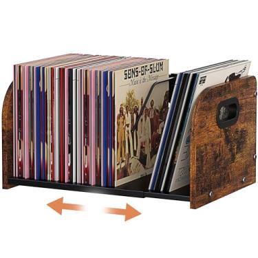 Imagem de RUILALIFE Suporte de armazenamento de discos de vinil, suporte expansível com divisor móvel, suporte de prateleira para exibição de álbum de 110 LPs, suporte de revista (marrom rústico, 1 camada)