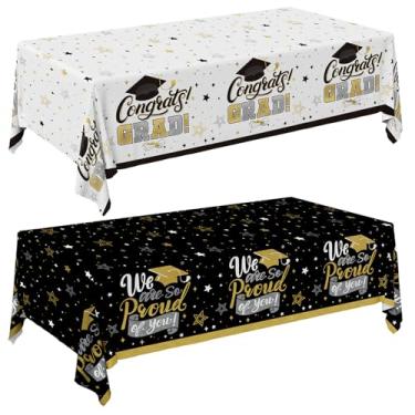 Imagem de Gatherfun Kit de artigos de festa de formatura 2025 – 2 peças de capa de mesa preta e dourada para decoração de festa de formatura, capas de mesa de plástico de formatura 137 x 274 cm
