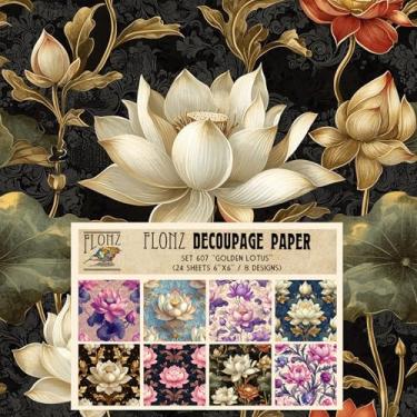 Imagem de Pacote de papel de decoupage (24 folhas 15 x 15 cm) Lótus dourado: Grand Lotus floresce em marfim e ouro em azul profundo rico para um toque real # Papel estilo vintage para artesanato e álbuns de