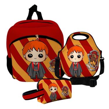 Imagem de Kit Escolar Mochila de Costas + Lancheira + Necessaire Plus – ISOPRENE – Menino Ruivo Bruxo-Unissex