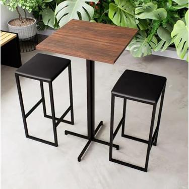 Imagem de Conjunto Mesa Alta Bar Bistrô Quadrada Imbuia 2 Bancos Estofado Industrial Black (Preto)