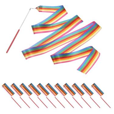 Imagem de PATIKIL Fitas de dança, pacote com 14, serpentinas de dança de ginástica de 78,7 polegadas com varinha antiderrapante para presentes, dança, shows de talentos, bastão girando, arco-íris