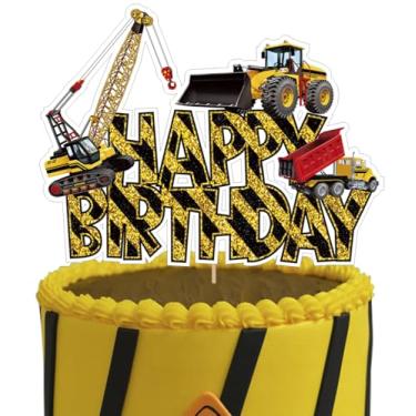 Imagem de Construction Happy Birthday Cake Topper Glitter Construction Cake Pick Dump Truck Excavator Tractor Cake Decorations for Construction Theme Baby Shower Kids Birthday Party Supplies