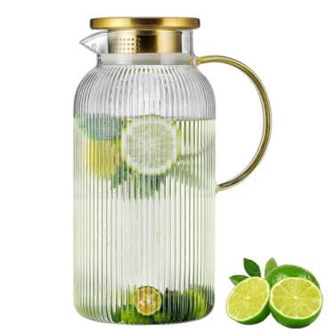 Imagem de Buaic Jarra de vidro com tampa, jarra de água clássica com listras verticais de 2 litros, garrafa de água de vidro para bebida fria, café, limonada, chá gelado, bebidas, jarro de vidro resistente ao