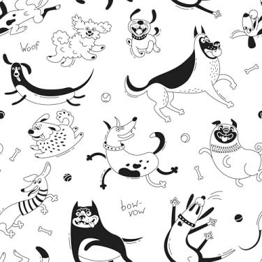 Imagem de Wallderful Papel de parede de cachorro com desenho de papel de parede preto e branco, papel de parede de contato de cachorro esboçado para casa de bonecas, papel de parede autoadesivo fofo para quarto