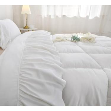 Imagem de Lençol de cima com babados brancos 100% algodão com babados para cama solteiro ou solteiro GG tamanho 1 peça