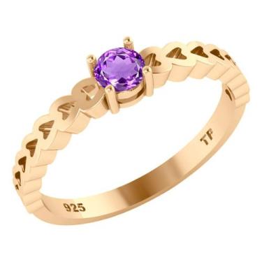 Imagem de Anel Luxo Corações Prata 925 Dourada Ouro 18k - Ametista - Tudo Prata,