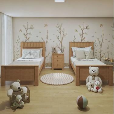 Imagem de Quarto Infantil com 2 Camas Solteiro Athenas Plus e Mesa de Cabeceira 3 Gavetas Maggiore New