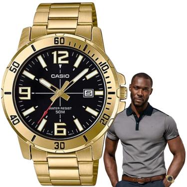 Imagem de Relógio de Pulso Casio Masculino Prova D àgua 5 atm Analógico Aço Inóx Redondo Estiloso Social Collection Dourado MTP-VD01G-1BVUDF