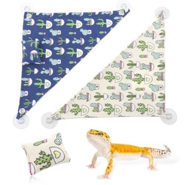 Imagem de 2 peças de rede para répteis com pequeno travesseiro balanço, escada, espreguiçadeira, cama com ganchos adesivos e gancho de sucção para lagarto, leopardo, lagartixa, dragão barbudo, rato (bege e azul