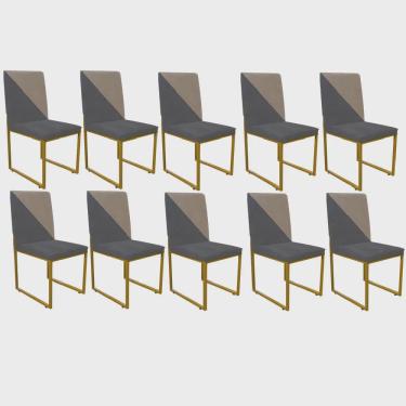 Imagem de Kit 10 Cadeira Office Stan Duo Sala de Jantar Industrial Ferro Dourado Suede Cinza e Bege - Ahz Móveis