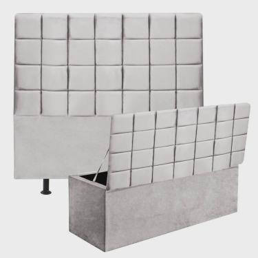 Imagem de Kit Cabeceira Estofada e Calçadeira Baú Recamier Clara 160cm Queen Size Corino Cinza Claro - Ahz Móveis