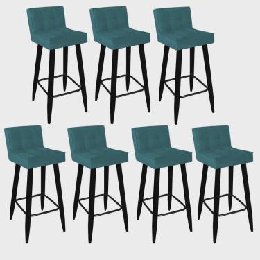Imagem de Kit 07 Banqueta Alta Lucy Com Encosto Cozinha Bar Balcão Bistrô Pé Palito Preto Suede Azul Turquesa - Ahz Móveis