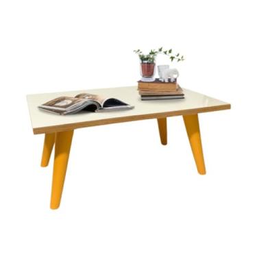 Imagem de Mesa De Centro 50cm Retangular Modernic Com Pés Palito Plástico PVC Retro Decoração Sala De Estar (Off-Freijó/Caramelo)