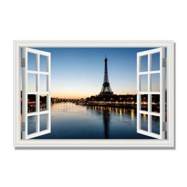 Imagem de Vista de janela falsa. Tela de pintura da Torre Eiffel. Impressão de imagem natural em tela para decoração de casa. (Edifícios famosos 24). Somente tela de 70 x 105 cm - 27,6 x 41,4 pol