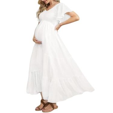 Imagem de guruixu Vestido de maternidade com bolinhas suíças para chá de bebê, sessão de fotos, casual, verão, gola V, manga com babados, cintura império, B Branco, G