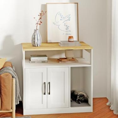 Imagem de Caixa de areia para gatos, móveis de caixa de areia oculta de 2 camadas com prateleira de armazenamento aberta, banheiro interno de madeira para gatos, armário independente para sala de estar