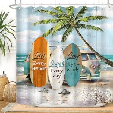 Imagem de Vengaot Cortina de chuveiro de praia costeira de verão 152 cm L x 182 cm C folha de palmeira prancha de surf ônibus vista paisagem marítima Havaí paisagem do mar conjunto de banheiro moderno tecido