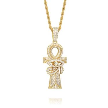 Imagem de PY BLING Colar com pingente de cruz do Olho de Hórus Ankh com corrente de colar egípcio antigo banhado a ouro branco 14K, joia de proteção para homens e mulheres com corrente de corda inoxidável