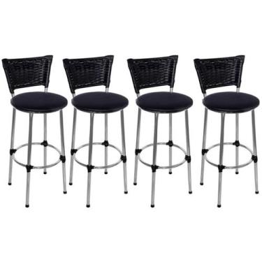 Imagem de Kit 4 Banquetas Altas Cromada com Encosto Junco Preto Assento Preto - 